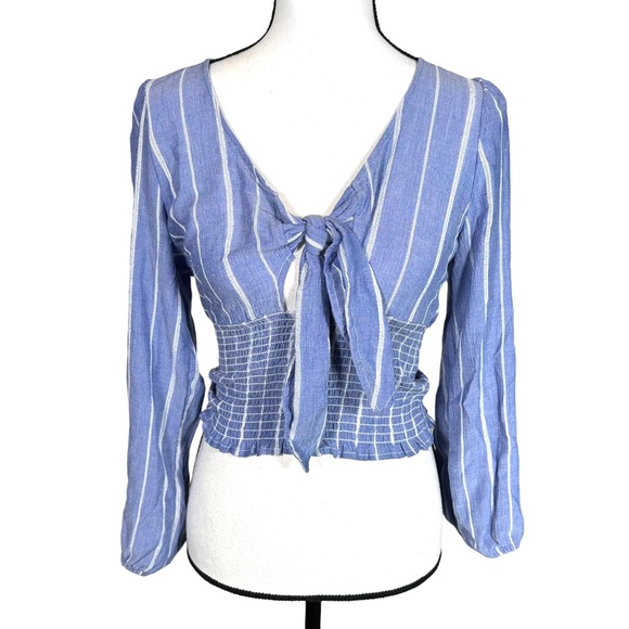 American Eagle Blue pinstripe Smocked Crop Tie Front Blouse - Picture 2 of 6